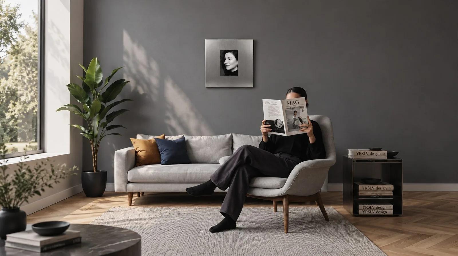 Minimalist living room styled with a yrslv steel-framed wall piece and side table books
